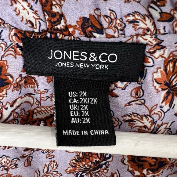 Jones & Co. Plus Sz 2X Blouse Top Lavender Floral Peasant Tie V-neck 3/4 Sleeve - Picture 5 of 10